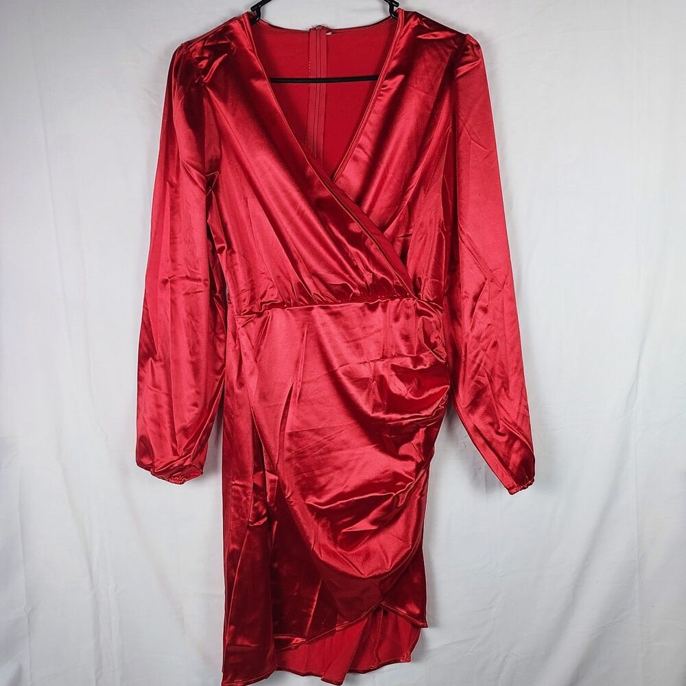 Yajedo Satin V-Neck Dress Size Large Red Party/Cocktail Long Sleeve New